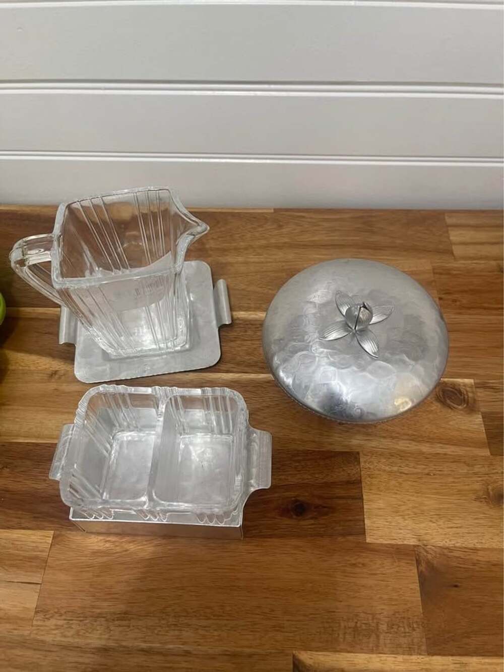 Vintage Glass and Hammered Aluminum Serving Set
